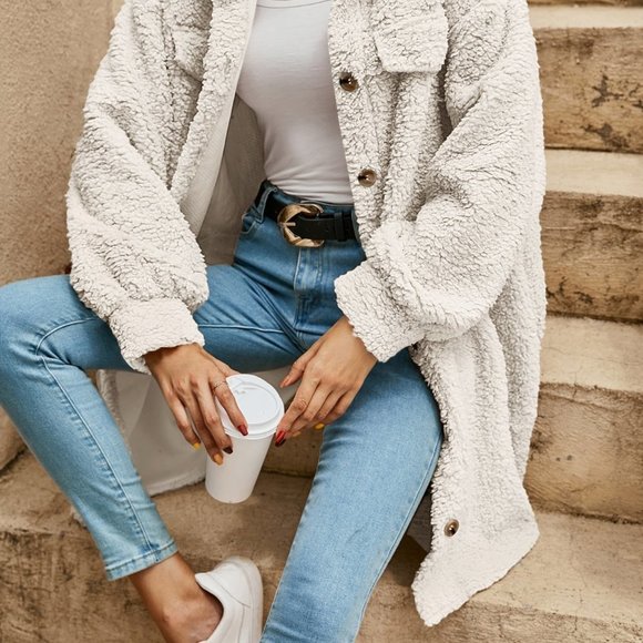 Beige Preppy Womens Drop Shoulder Flap Detail Teddy Coat - Picture 5 of 5